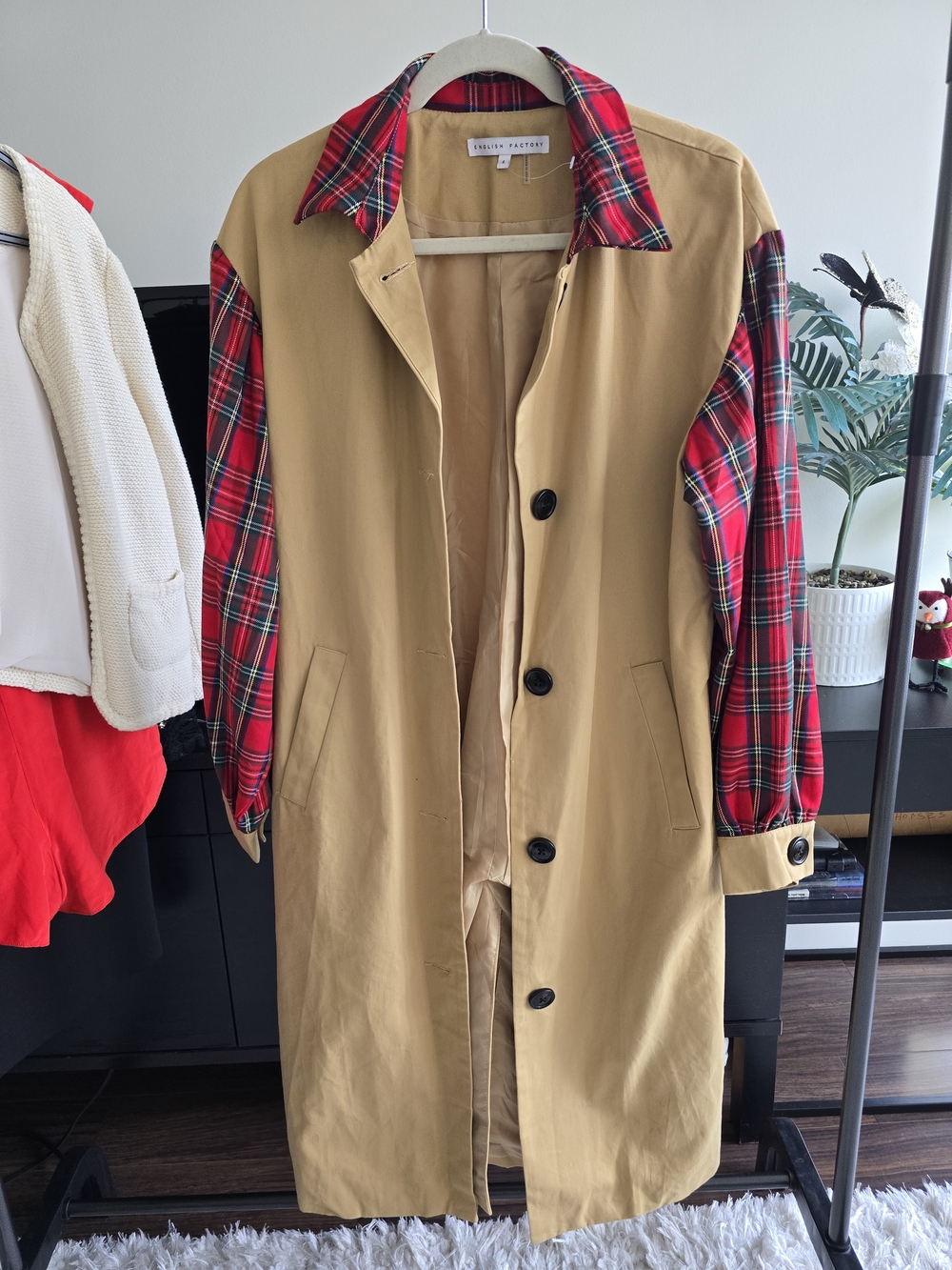 English Factory Plaid Sleeve Trench Coat Small Beige Tartan Statement Coat